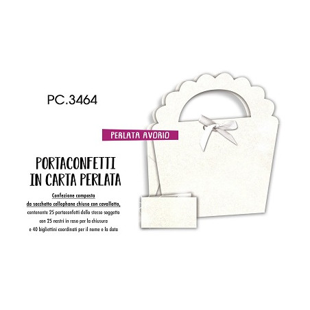 Biglietti bomboniere con portaconfetti 25pz perlata avorio